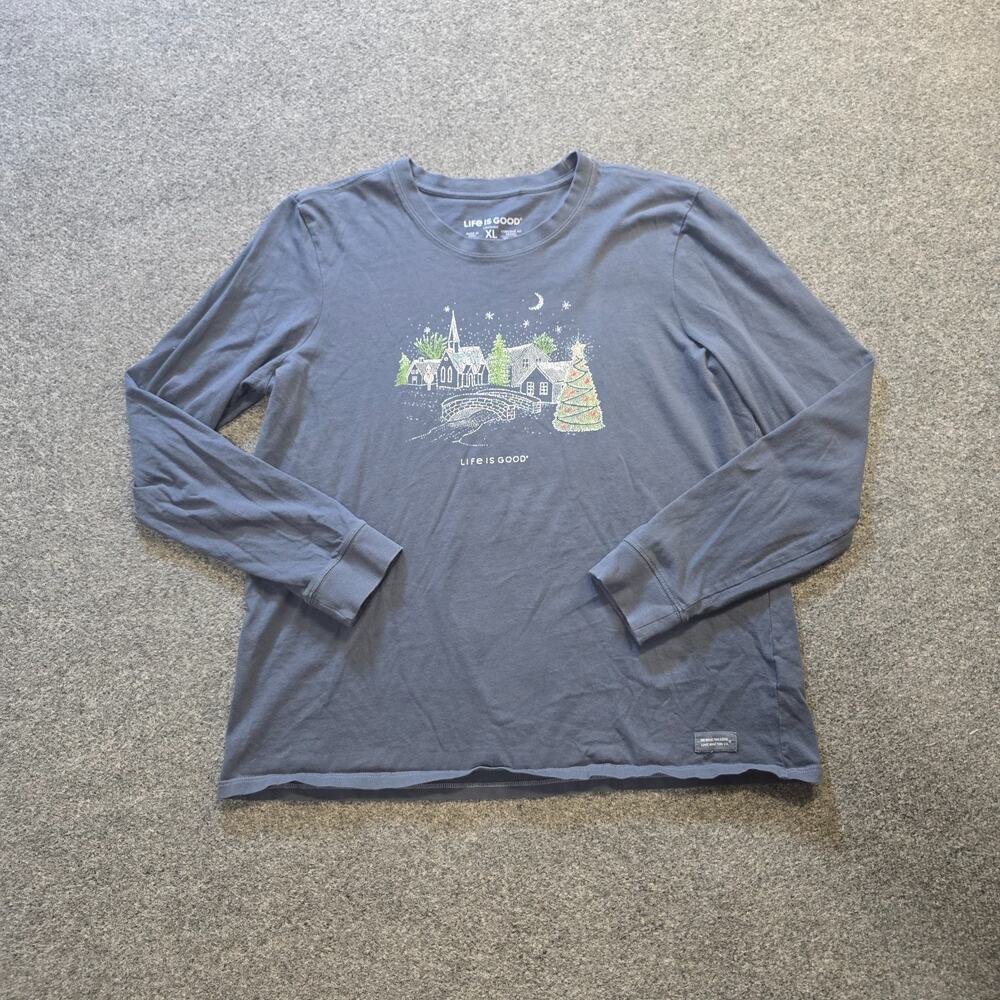 Life Is Good Top Women XL Blue Christmas New England Crew Neck Crusher Casual